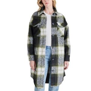 Steve Madden Black Green White Checkered Button-Down Long Shirt Coat Fuzzy